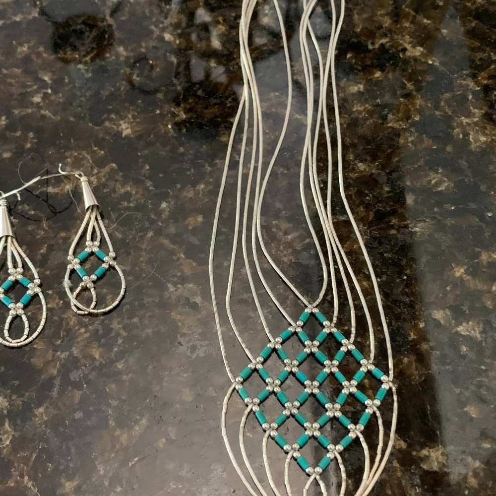 Silver And Turquoise Necklace And Earrings